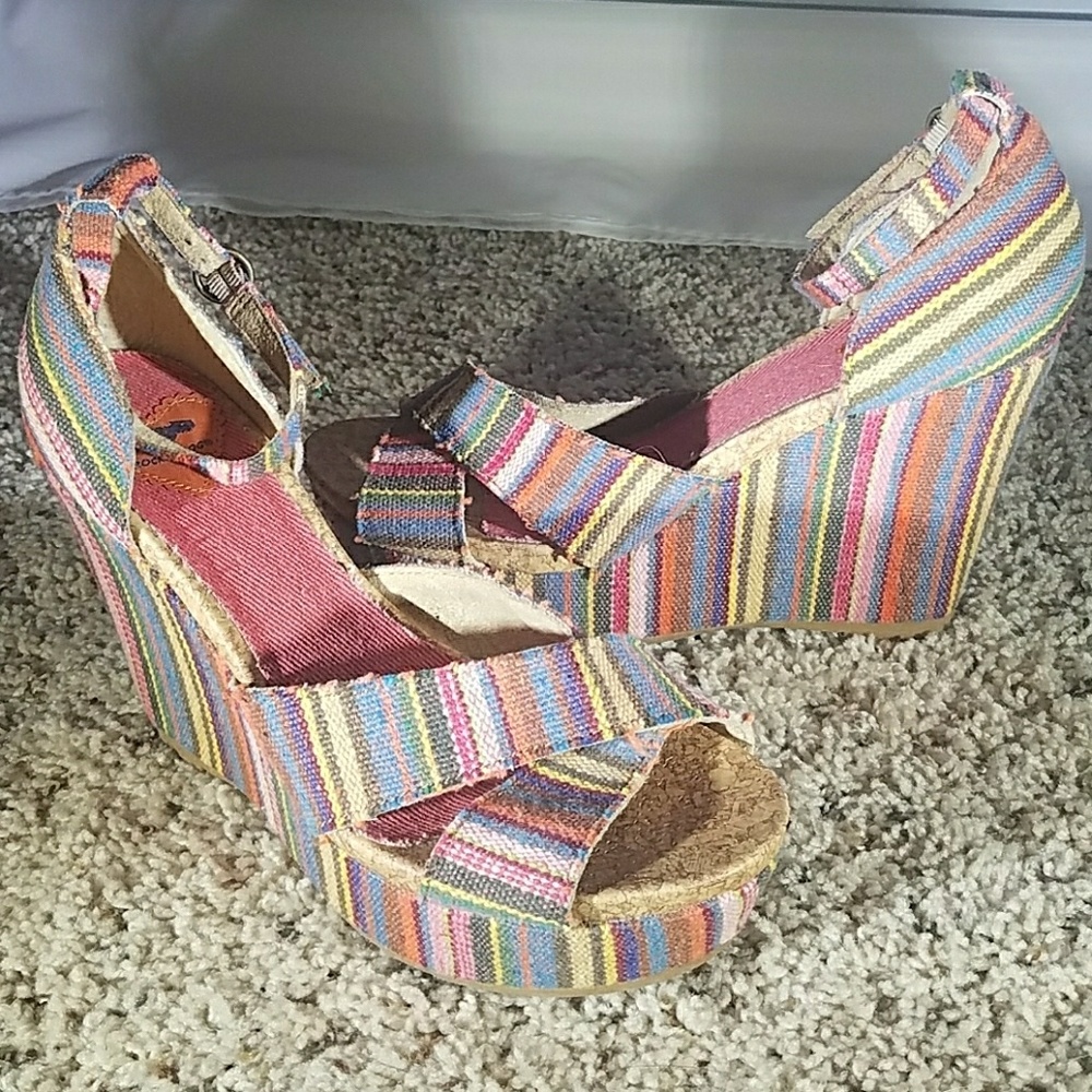 Multicolored striped wedge sandals never worn